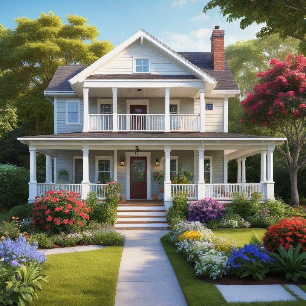 A cozy dream home with a welcoming front porch, surrounded by lush greenery and colorful flowers. Incorporate elements like a 'For Sale' sign and a family happily exploring the garden. Add a bright blue sky and soft sunlight to evoke a sense of warmth and hope. Illustrate affordable housing options like a charming bungalow or a modern apartment. super-realistic. vibrant colors.