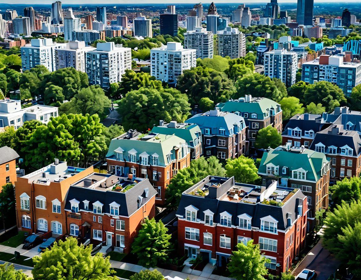 An aerial view of a vibrant city skyline with diverse properties, showcasing a mix of modern high-rises and charming houses. Include bold 'For Sale' and 'For Rent' signs prominently displayed in various yards and balconies, along with green parks and people engaging in community activities. The sky should be a deep blue with fluffy clouds, highlighting a sunny day. super-realistic. vibrant colors. 3D.