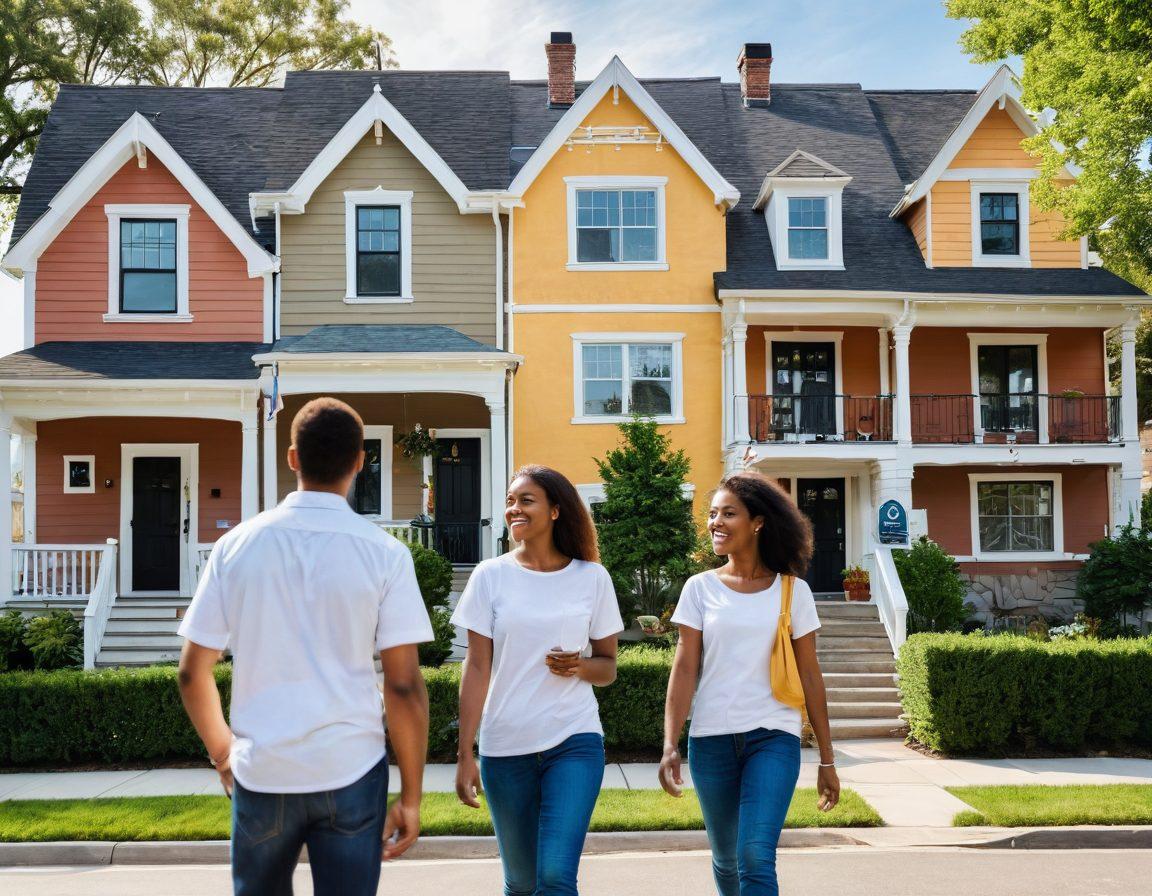 A serene scene of a diverse group of people exploring a beautiful neighborhood with charming houses and inviting apartments. Include elements like 'For Sale' signs, a friendly real estate agent pointing out features, and a bright sunny sky overhead to convey positivity. Incorporate icons symbolizing tips, like a light bulb and checklist, integrated subtly in the landscape. super-realistic. vibrant colors. soft focus background.
